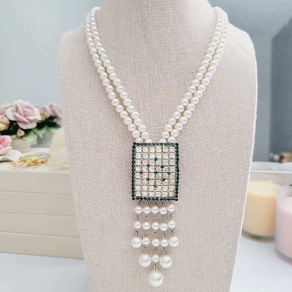 Vintage Hobe Faux Pearl Rhinestone Double Strand Necklace 100$